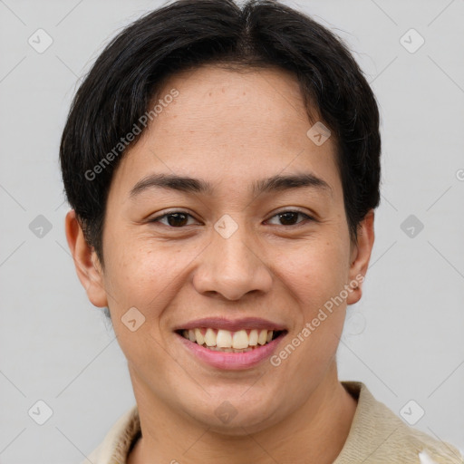 Joyful latino young-adult female with short  brown hair and brown eyes