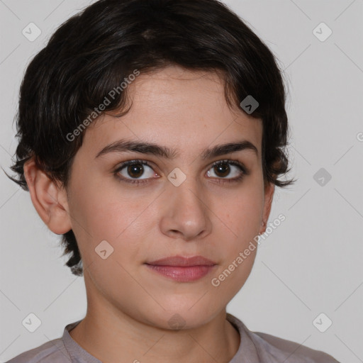 Neutral white young-adult female with medium  brown hair and brown eyes