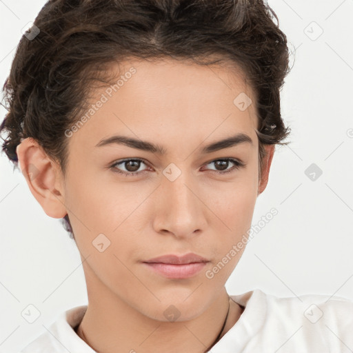 Neutral white young-adult female with short  brown hair and brown eyes