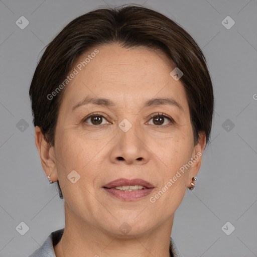 Joyful white adult female with short  brown hair and brown eyes