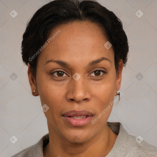 Joyful black adult female with short  brown hair and brown eyes