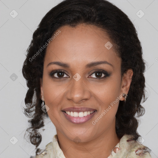 Joyful black young-adult female with medium  brown hair and brown eyes