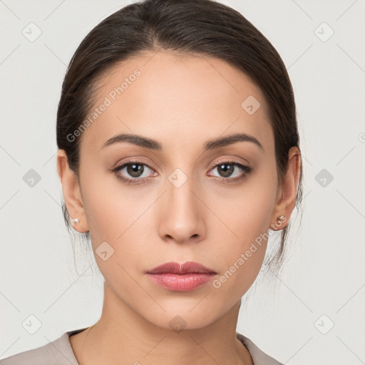 Neutral white young-adult female with medium  brown hair and brown eyes