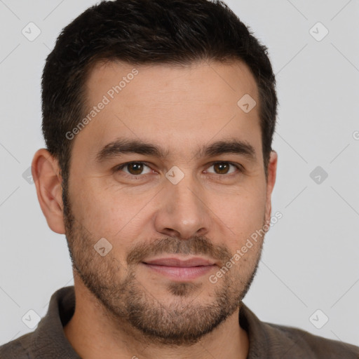 Joyful white young-adult male with short  brown hair and brown eyes