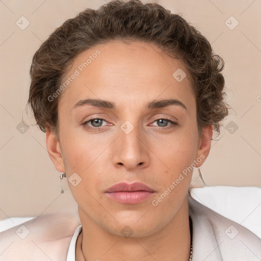 Neutral white young-adult female with short  brown hair and brown eyes