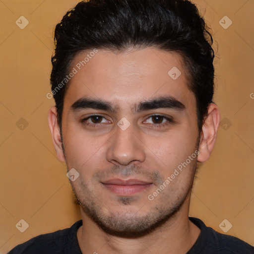 Joyful white young-adult male with short  black hair and brown eyes