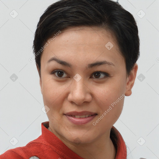 Joyful asian young-adult female with short  brown hair and brown eyes