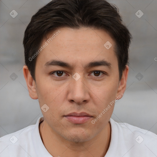 Neutral white young-adult male with short  brown hair and brown eyes