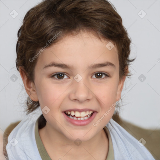 Joyful white child female with medium  brown hair and brown eyes