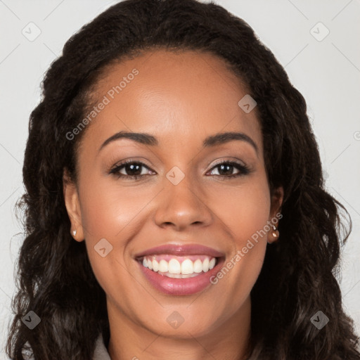 Joyful latino young-adult female with long  brown hair and brown eyes