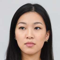 Neutral asian young-adult female with long  black hair and brown eyes