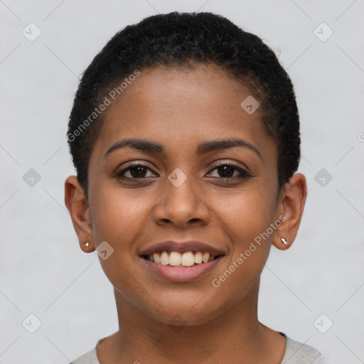 Joyful latino young-adult female with short  brown hair and brown eyes