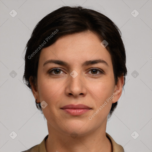 Joyful white young-adult female with medium  brown hair and brown eyes