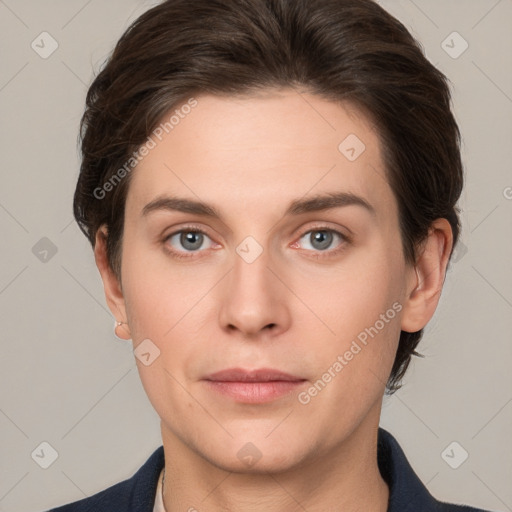 Neutral white young-adult female with short  brown hair and brown eyes