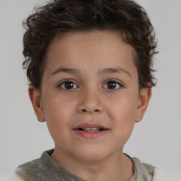 Joyful white child female with short  brown hair and brown eyes