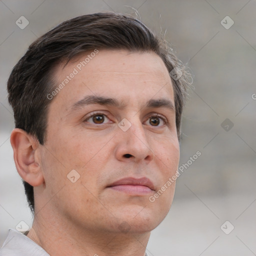 Neutral white adult male with short  brown hair and brown eyes