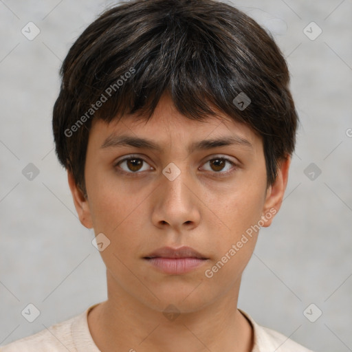 Neutral asian young-adult female with short  brown hair and brown eyes