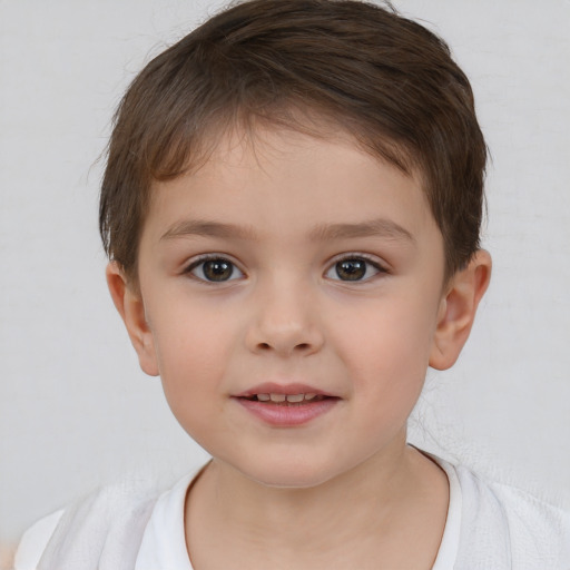 Joyful white child female with short  brown hair and brown eyes