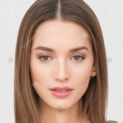 Neutral white young-adult female with long  brown hair and brown eyes