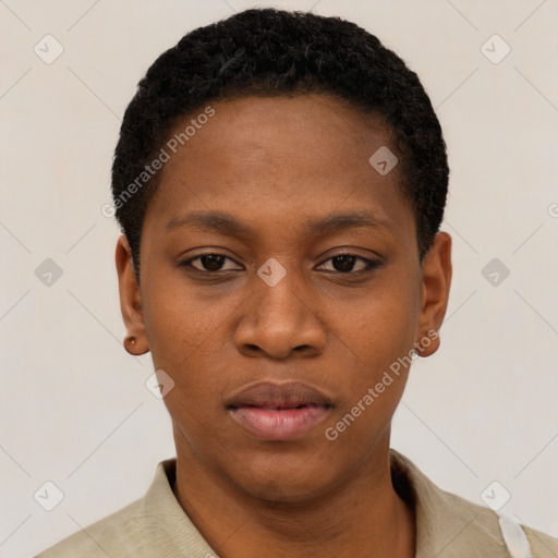 Neutral black young-adult female with short  black hair and brown eyes