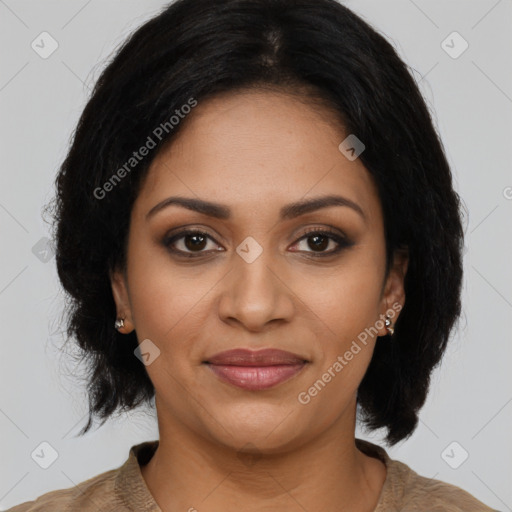 Joyful black young-adult female with medium  brown hair and brown eyes