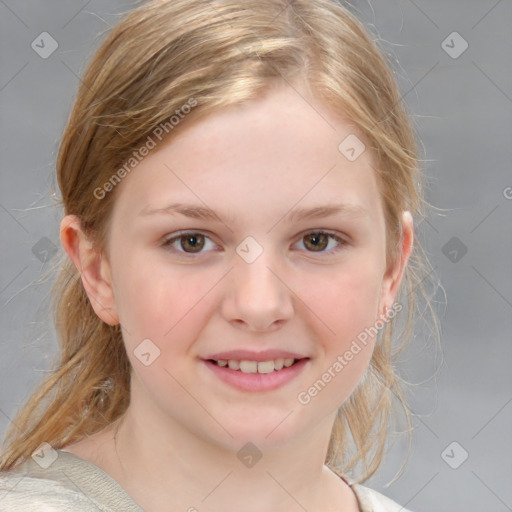 Joyful white child female with medium  brown hair and grey eyes