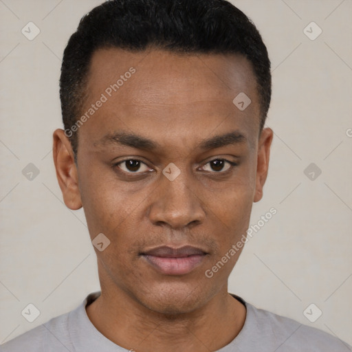 Neutral black young-adult male with short  black hair and brown eyes