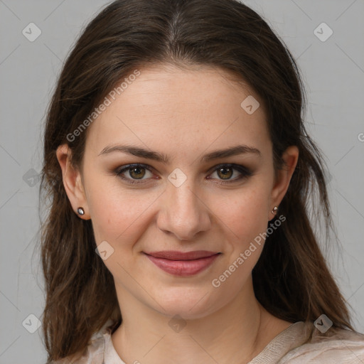 Joyful white young-adult female with medium  brown hair and grey eyes