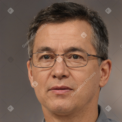 Joyful white middle-aged male with short  brown hair and brown eyes