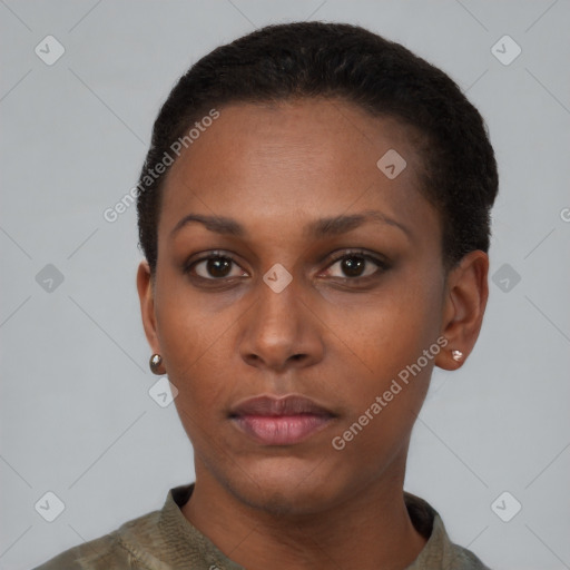 Neutral black young-adult female with short  brown hair and brown eyes