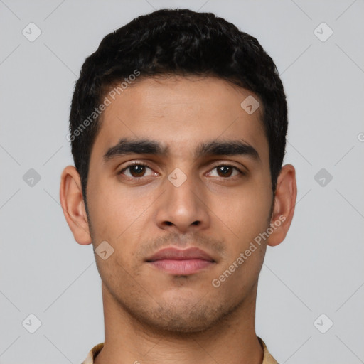 Neutral latino young-adult male with short  black hair and brown eyes