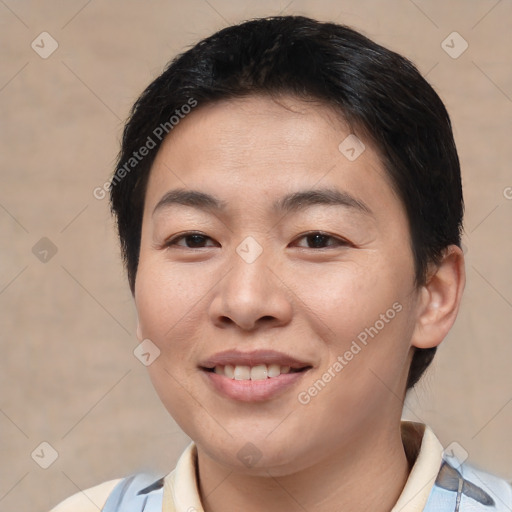 Joyful asian young-adult female with short  brown hair and brown eyes