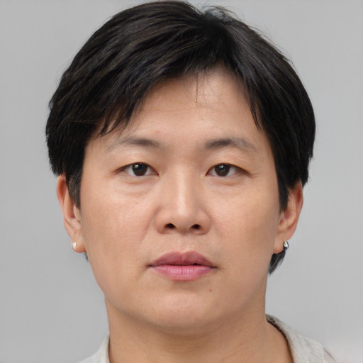 Neutral asian adult male with short  brown hair and brown eyes