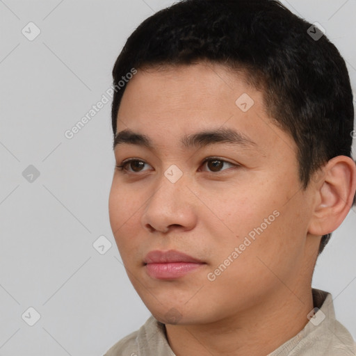 Neutral white young-adult male with short  black hair and brown eyes