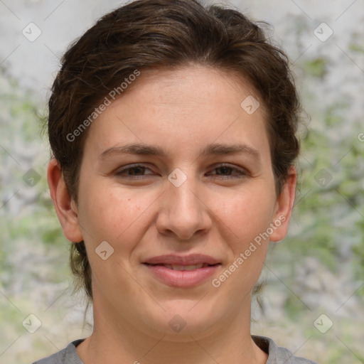 Joyful white adult female with medium  brown hair and grey eyes