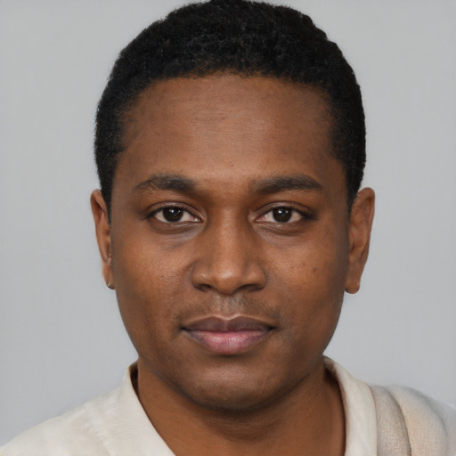 Neutral black young-adult male with short  black hair and brown eyes
