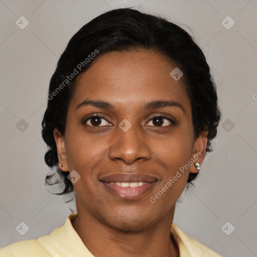 Joyful latino young-adult female with medium  black hair and brown eyes