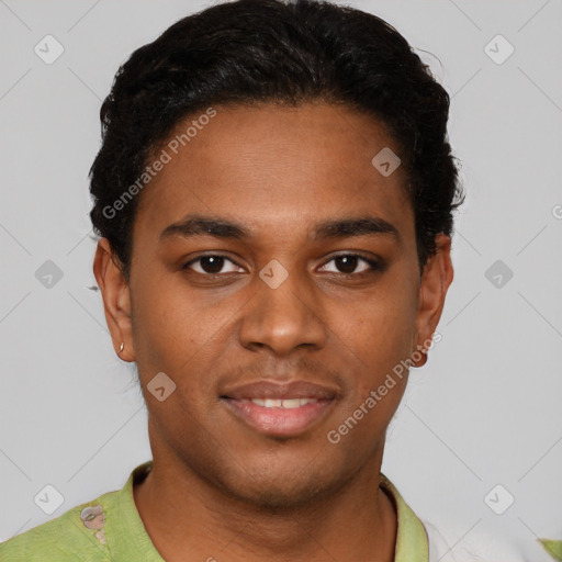 Joyful black young-adult male with short  black hair and brown eyes