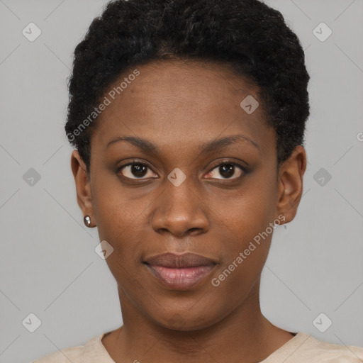 Joyful black young-adult female with short  black hair and brown eyes