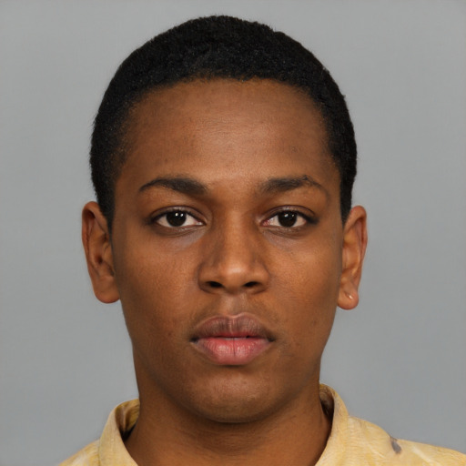 Neutral black young-adult male with short  black hair and brown eyes