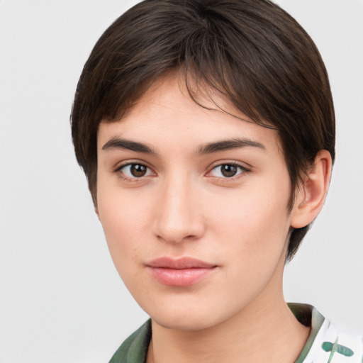 Neutral white young-adult female with short  brown hair and brown eyes