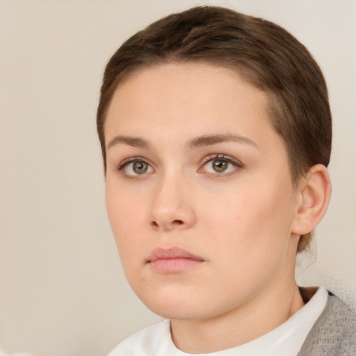 Neutral white young-adult female with short  brown hair and brown eyes