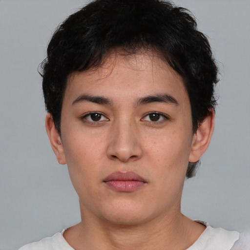Neutral asian young-adult female with short  brown hair and brown eyes
