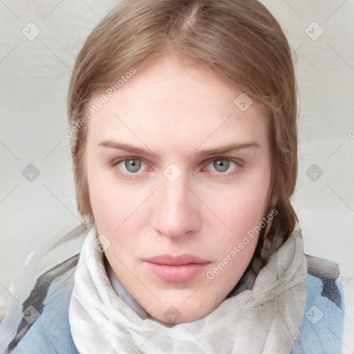 Neutral white young-adult female with medium  brown hair and blue eyes