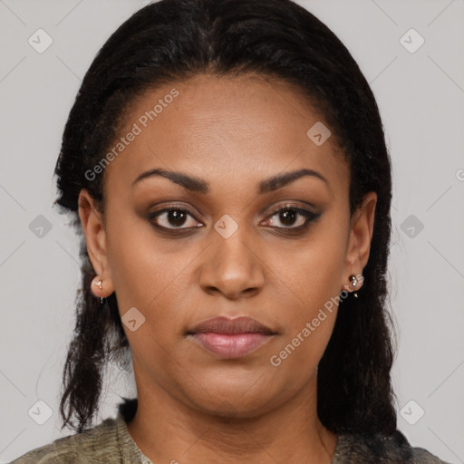 Joyful black young-adult female with medium  brown hair and brown eyes