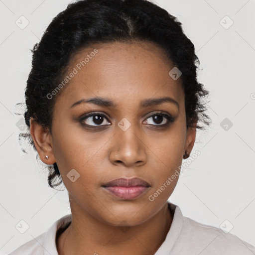 Neutral black young-adult female with short  black hair and brown eyes