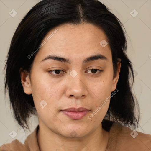 Neutral asian young-adult female with medium  brown hair and brown eyes