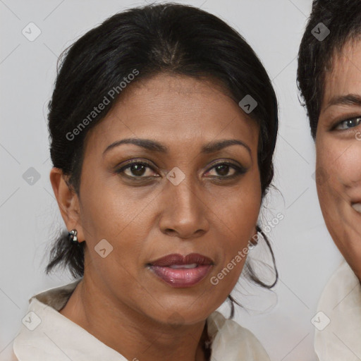 Joyful black adult female with medium  brown hair and brown eyes