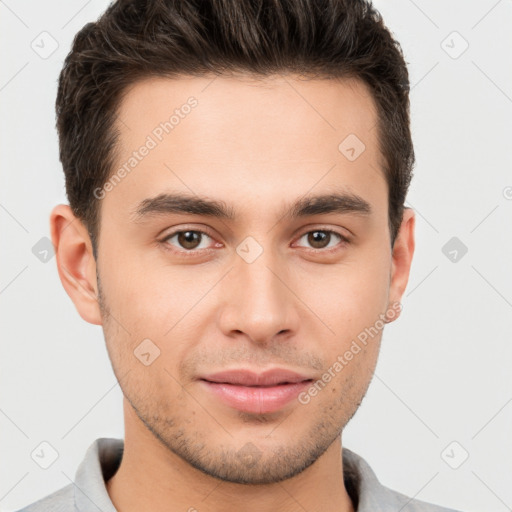 Neutral white young-adult male with short  brown hair and brown eyes