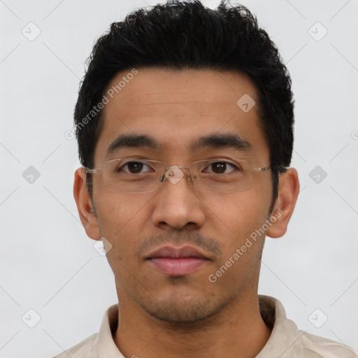 Neutral asian young-adult male with short  black hair and brown eyes